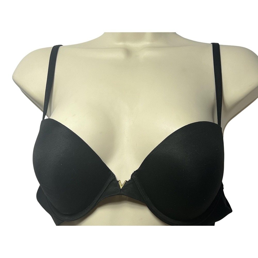 Victoria's Secret Bra Womens 36B Black Push Up Underwire Padded Plunge Logo